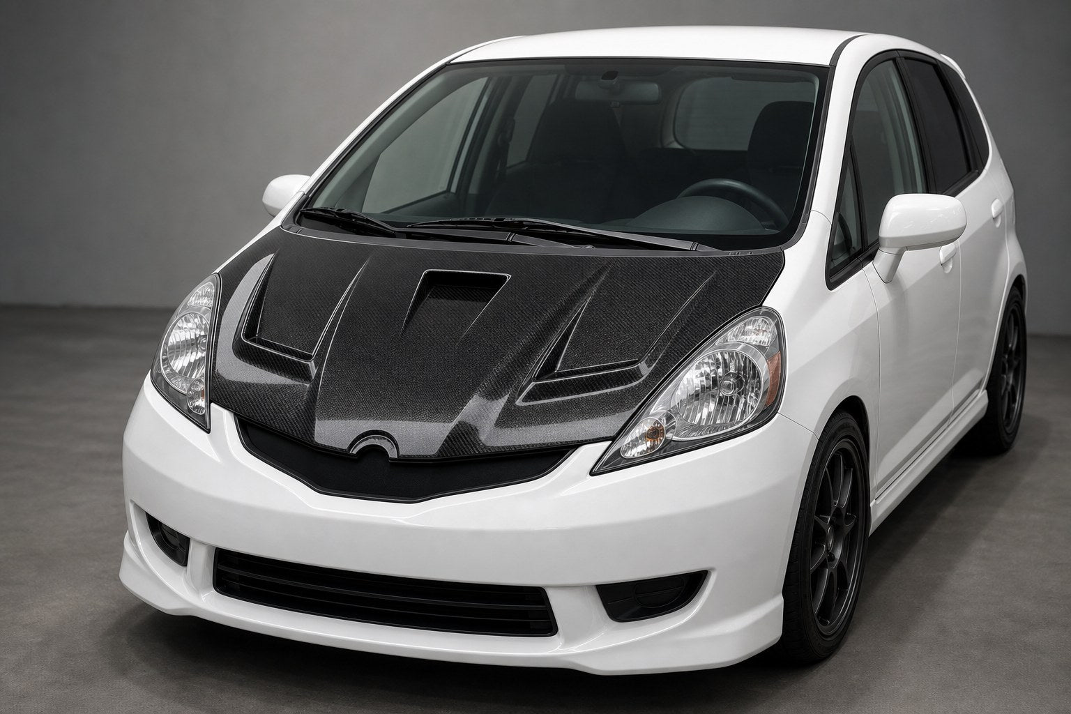 2009-2013 Honda Fit / Jazz GE8 EVO Style Carbon Fiber Hood - Installed context
