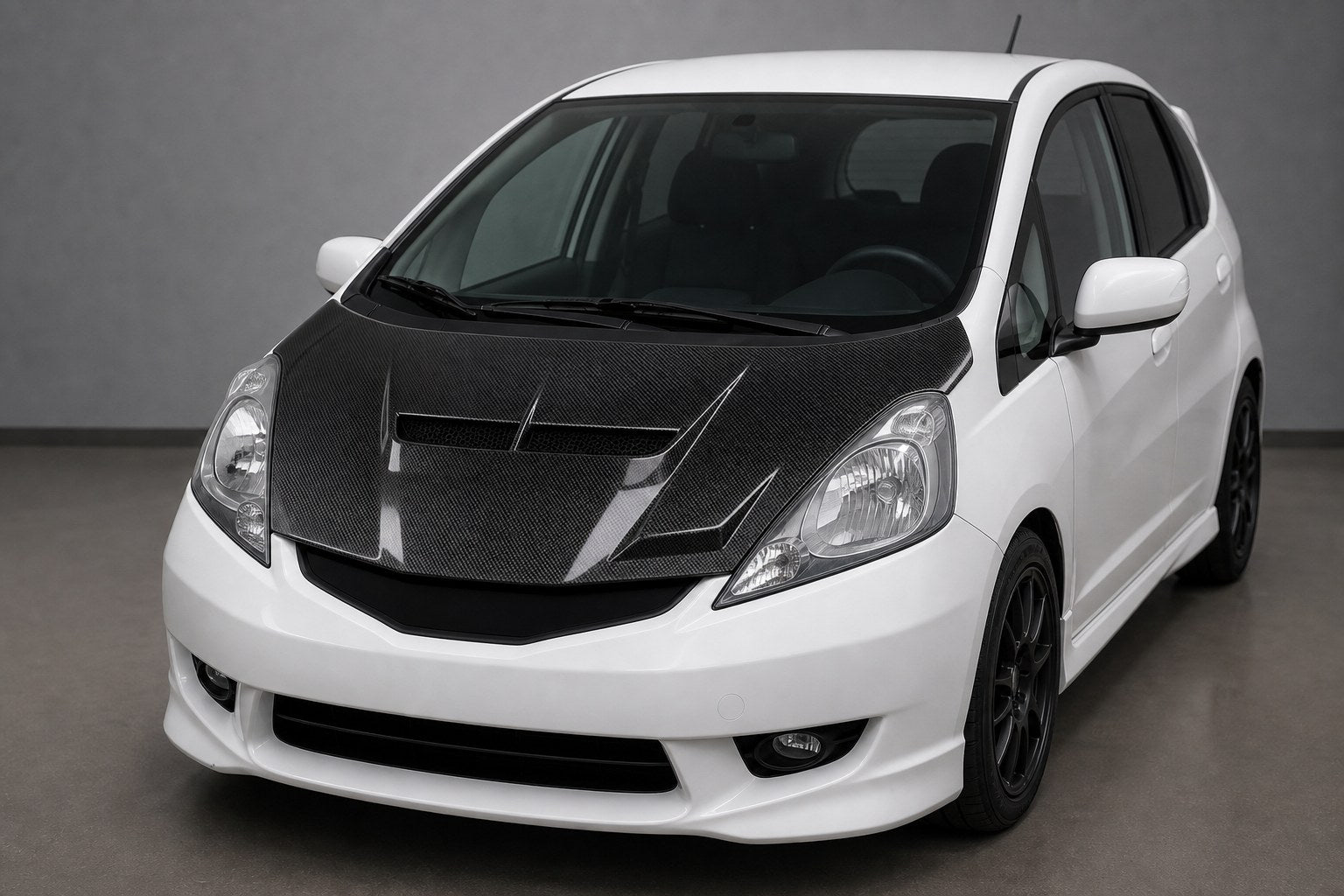 2009-2013 Honda Fit / Jazz GE8 T-R Style Carbon Fiber Hood - Installed context