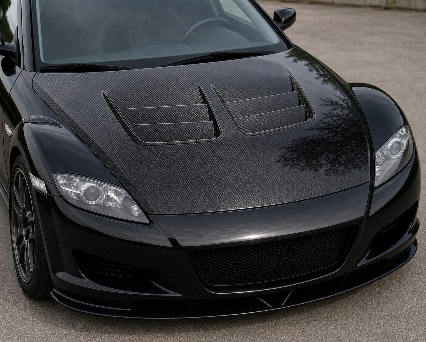2004-2011 Mazda RX-8 SE3P Vented Carbon Fiber Hood - Installed context