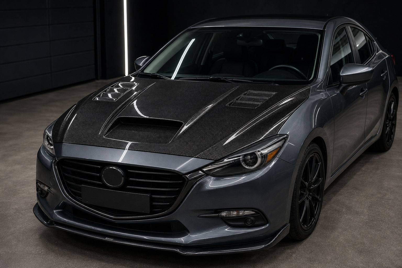 2014-2018 Mazda 3 / Axela BM/BN Carbon Fiber Hood - Installed context