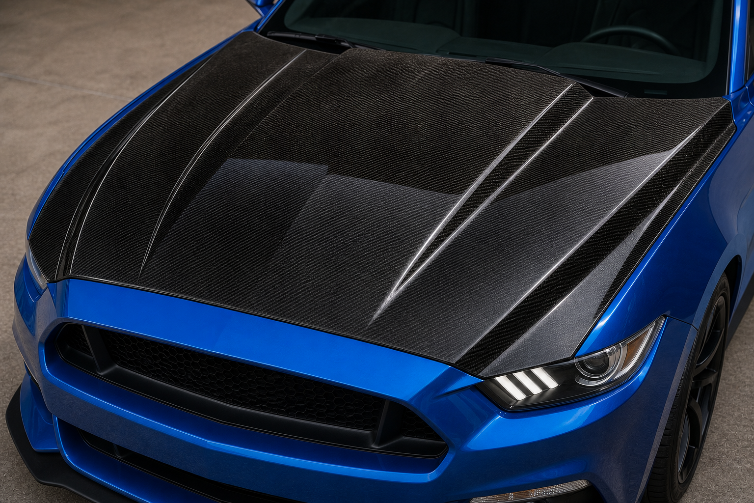 2015-2017 Ford Mustang S550 Heat Extractor Carbon Fiber Hood - Installed context