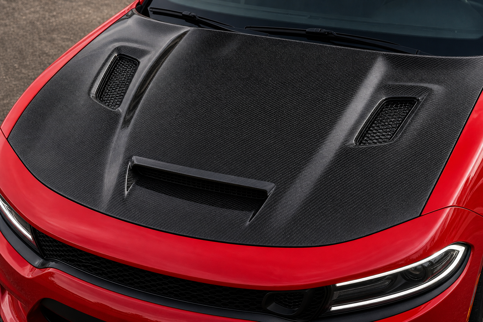 2015-2023 Dodge Charger LD Carbon Fiber Hood - Installed context