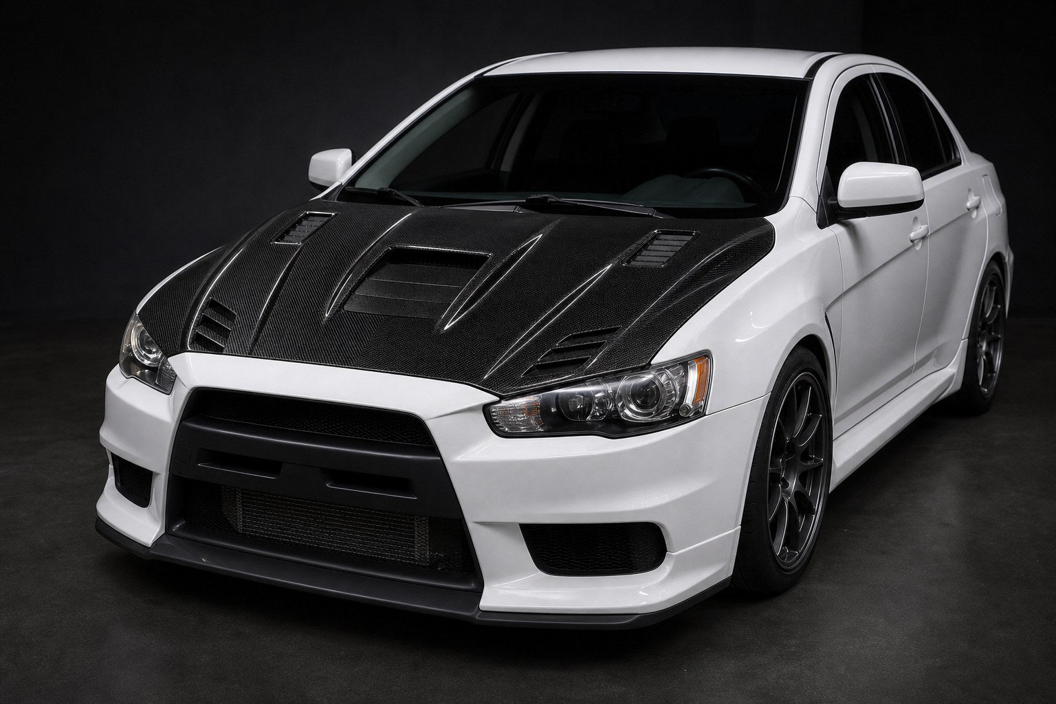 2008-2015 Mitsubishi Lancer Evolution X CZ4A Carbon Fiber Hood - Installed context