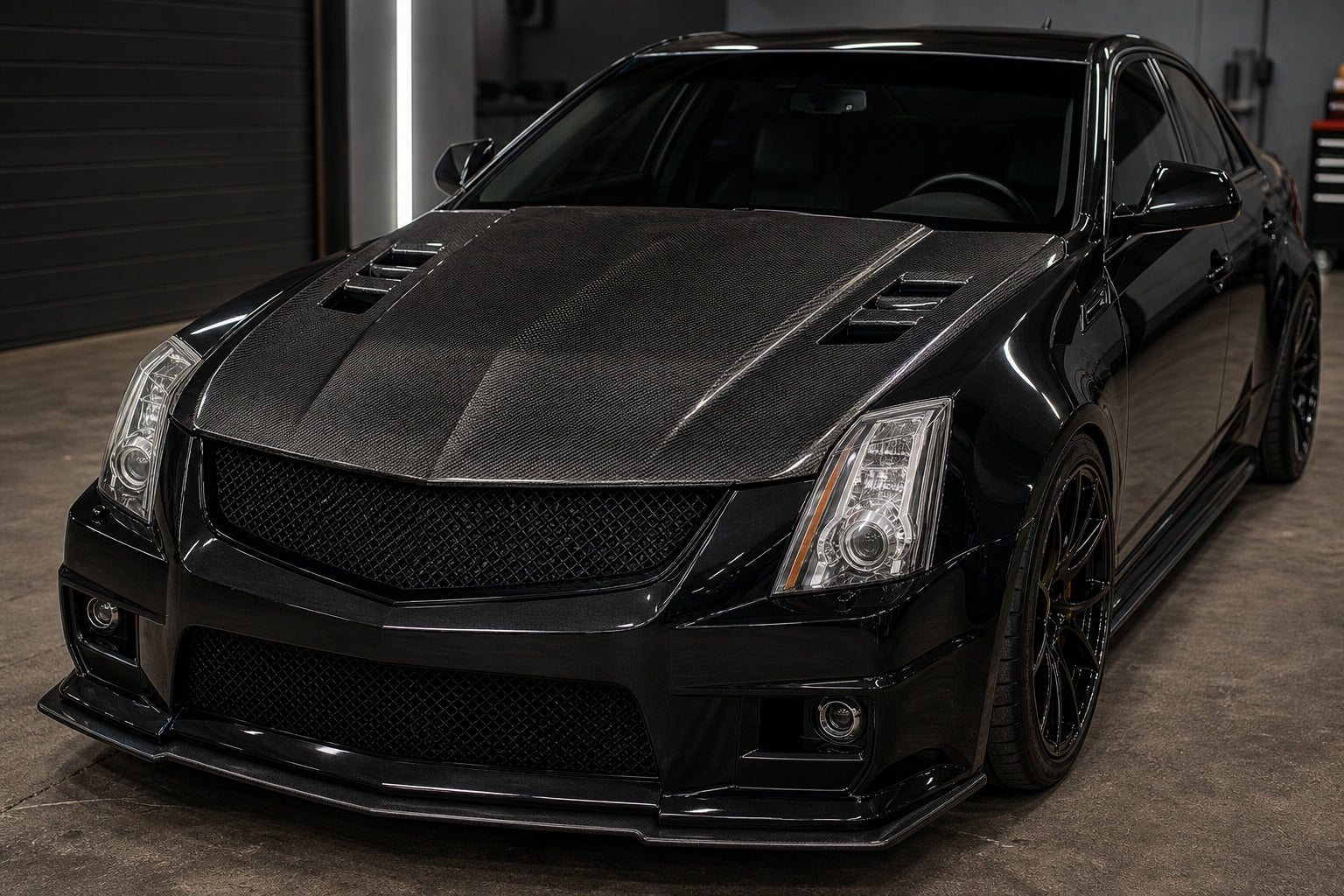 2014-2019 Cadillac CTS 3rd Gen 3K Twill Carbon Fiber Hood - Installed context