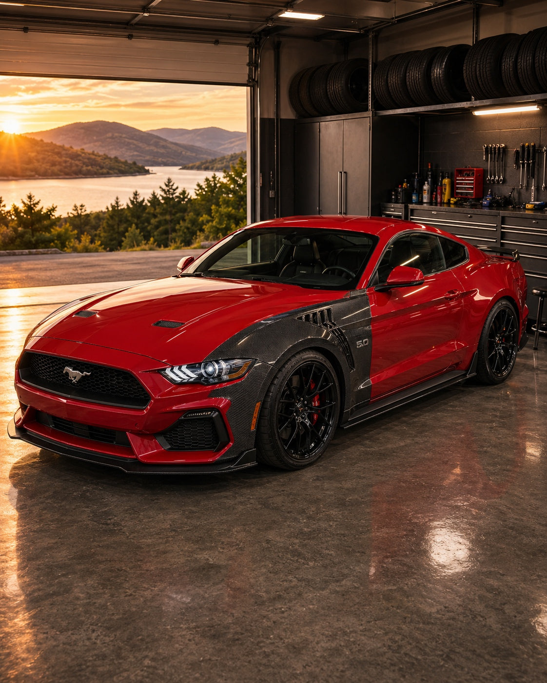 [CPIMG-FRESH:2018-2023-mustang-s550-carbon-fiber-fenders-b1pi2l--v2-05-garage-lifestyle] 2018-2023 Mustang S550 Carbon Fiber Fenders Garage lifestyle