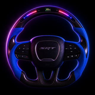 2015-2023 Dodge Charger / Challenger Blue LED Carbon Fiber Steering Wheel - Detail closeup