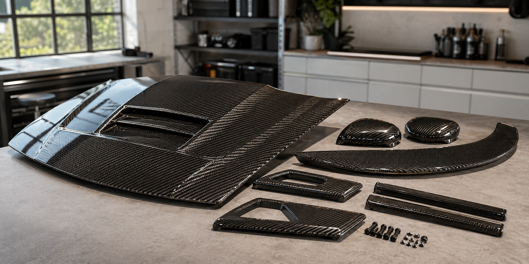 Carbon fiber parts laid out for inspection
